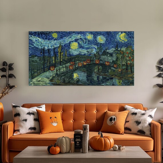 Starry Night Victorian Bridge Jack O Lanterns Swirling Sky Halloween Poster