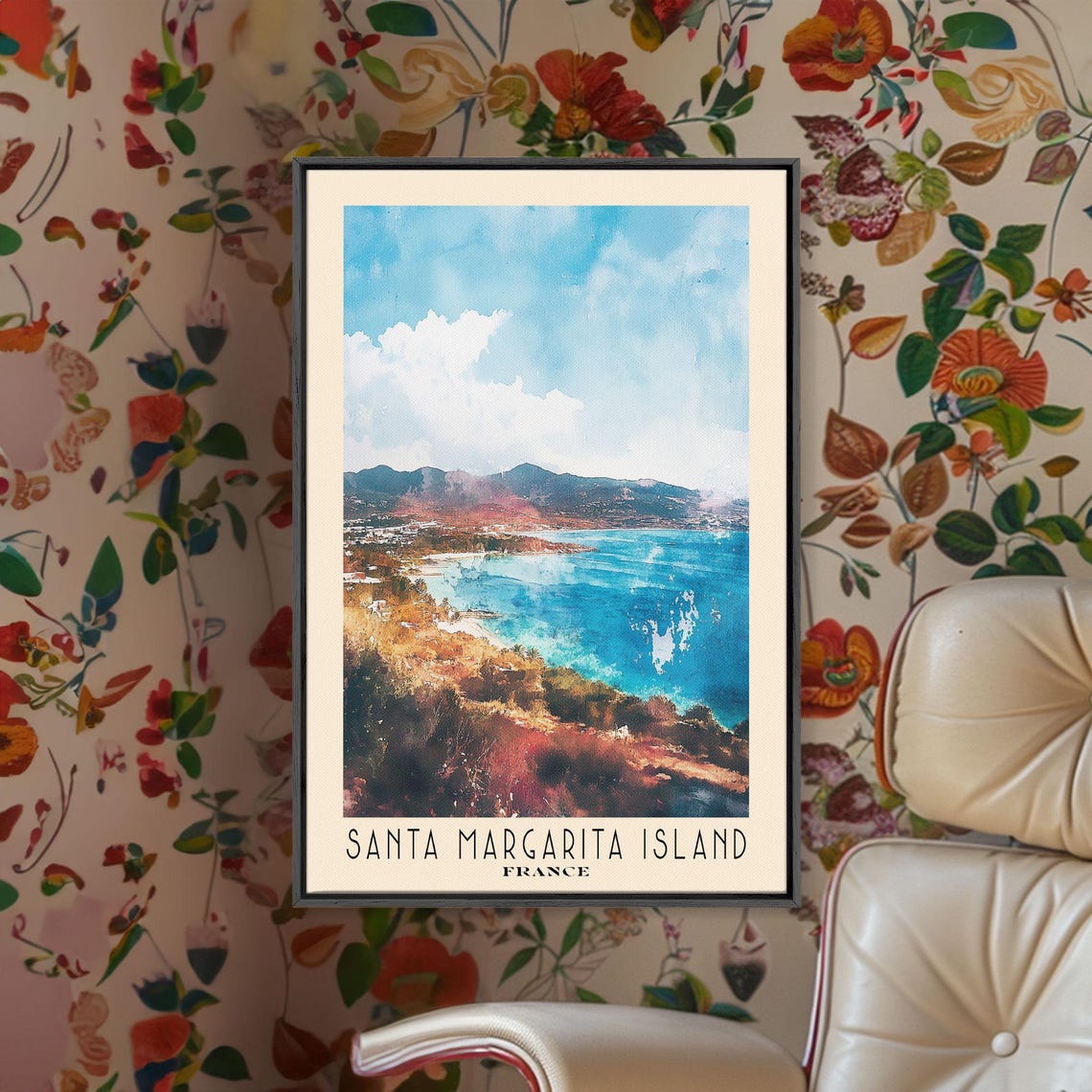 Santa Margarita Island France Watercolor Print Vacation Gift France Wall Art Beach Painting Beach Decor Large Wall Art Wood Frame Art