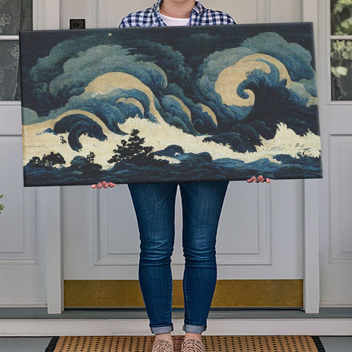 Japanese Style Stormy Sea Crashing Indigo Waves Pine Dramatic Wall Art Poster - Image 4