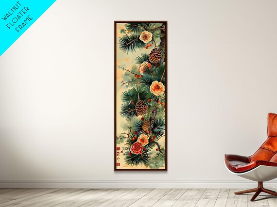 Pine Tree Branches With Blossoms And Pine Cones In Japanese Style Ukiyo E Art Framed Print Skinny Art Tall Art