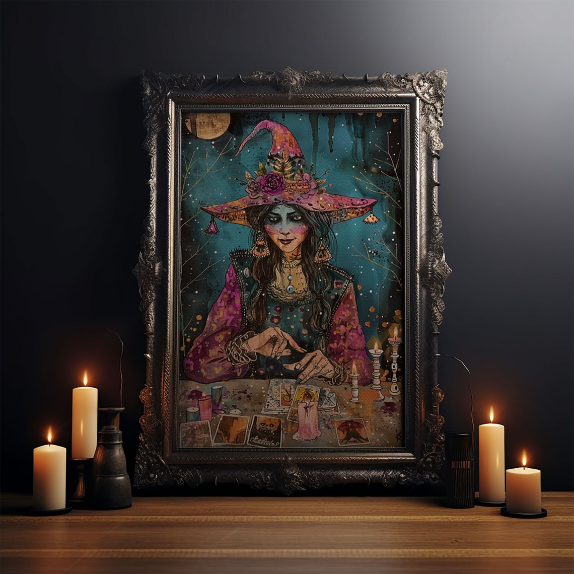 Witch Fortune Teller Tarot Cards Pink Hat Halloween Art Poster - Image 3