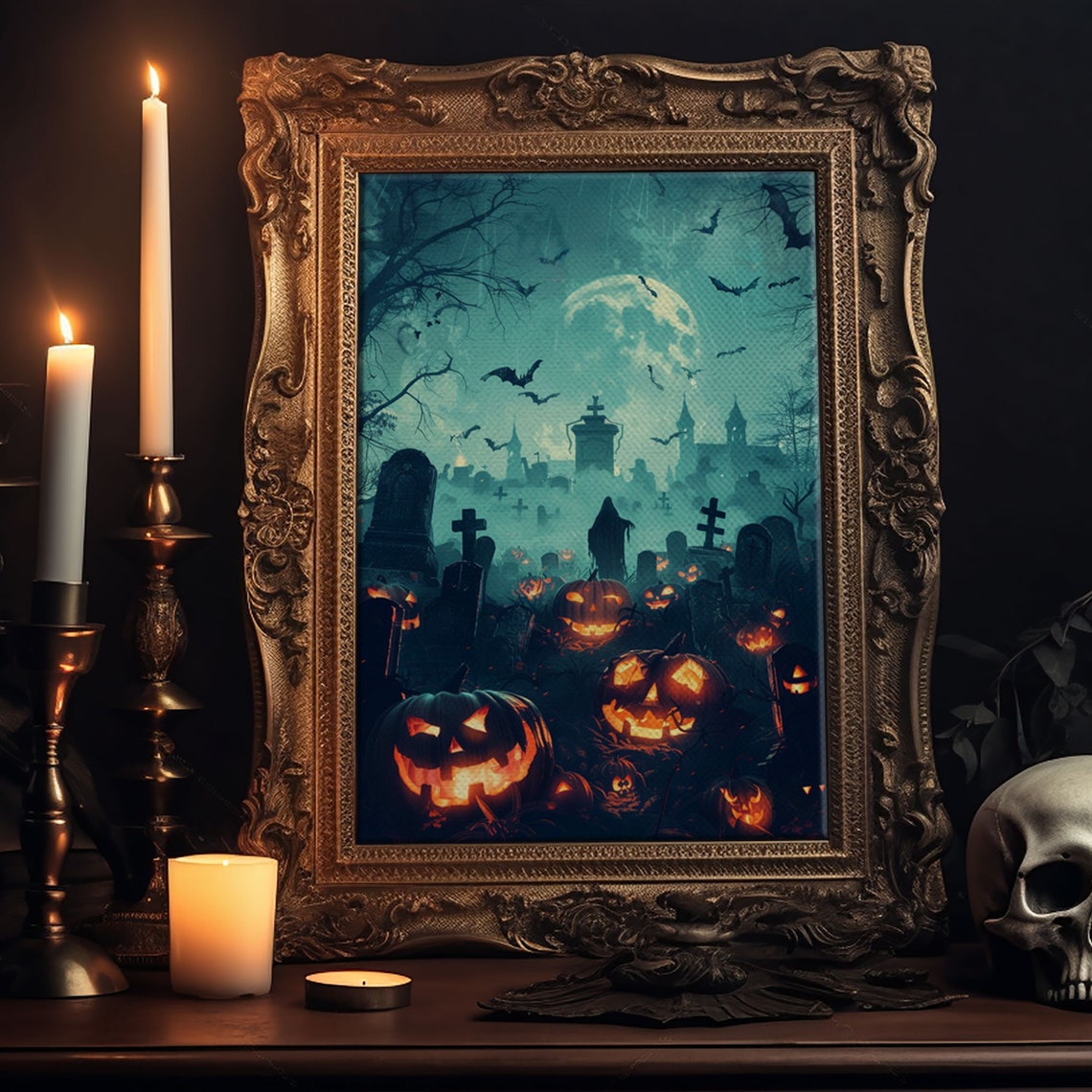 Bats And Jack O Lanterns Foggy Graveyard Full Moon Art Poster - Image 6