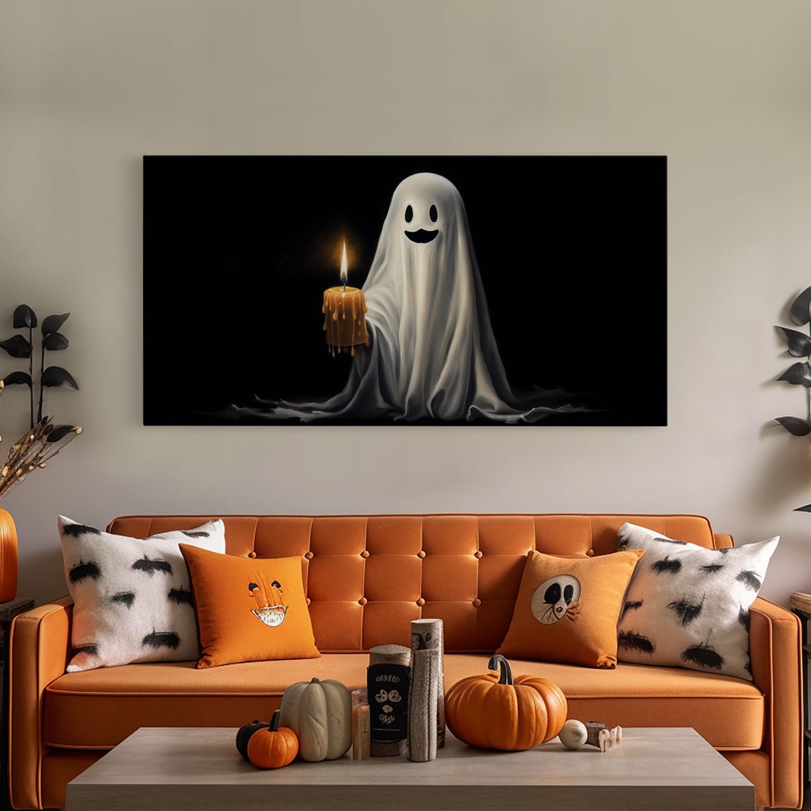 Smiling Ghost Holding Melting Candle On Black Background Poster - Image 4