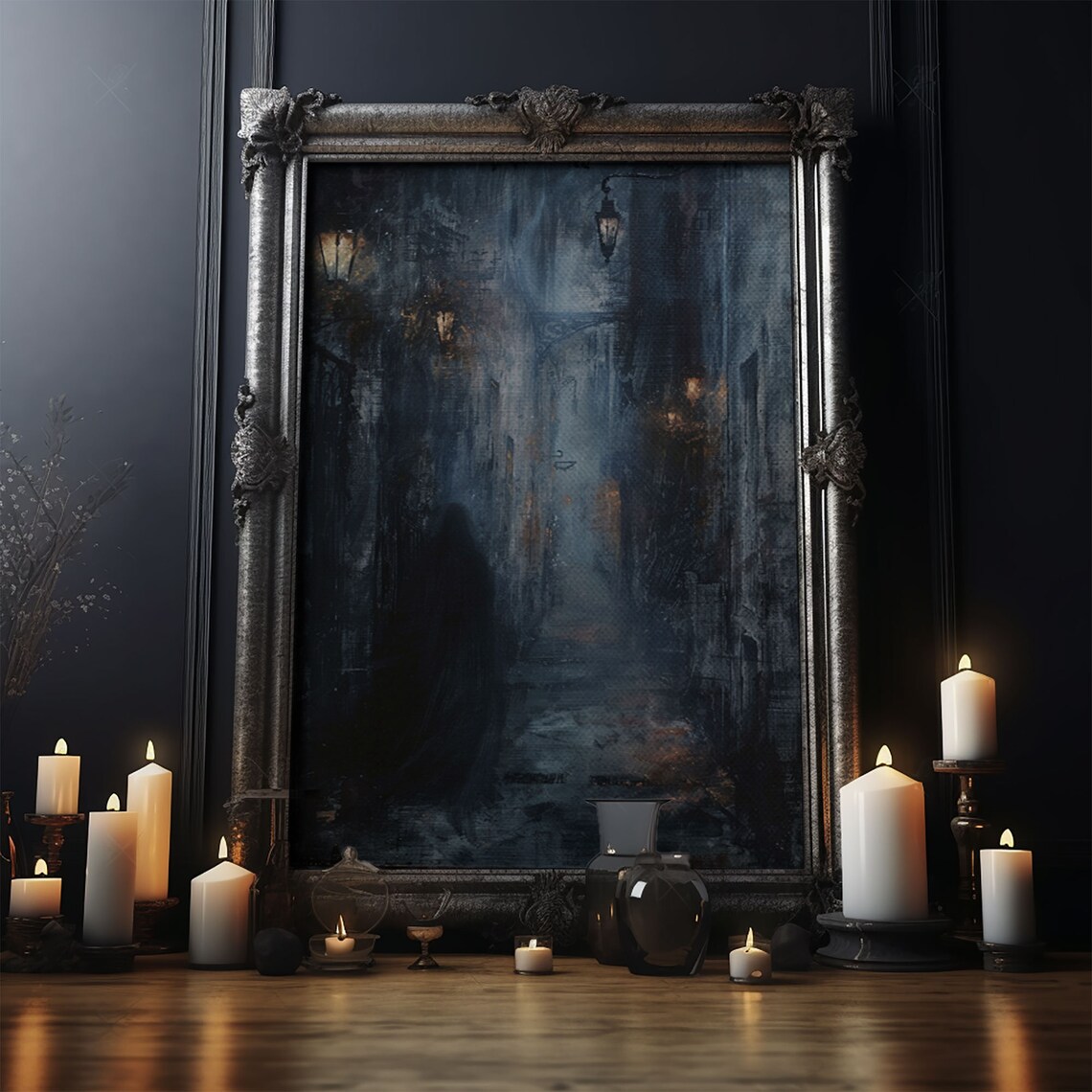 Shadowy Night Alley Lamp Lit Misty Victorian Street Halloween Poster - Image 5