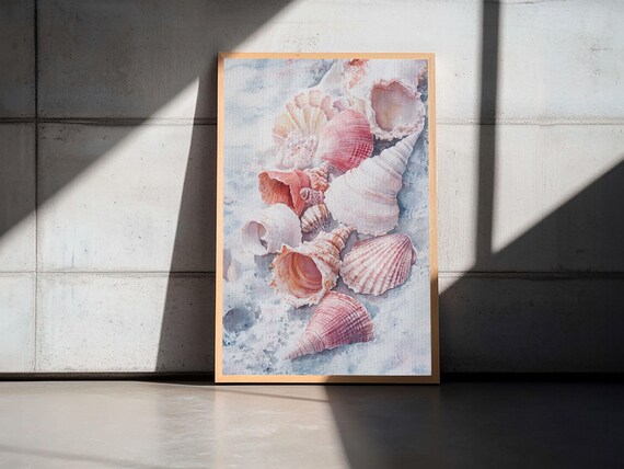Pink Seashells Watercolor Art Print Coastal Beach Cottage Wall Poster