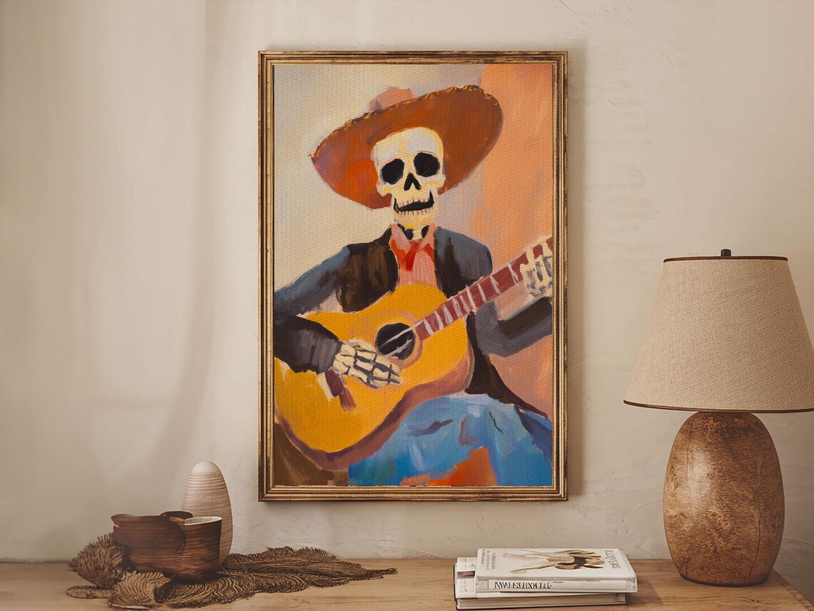 Skeleton Cowboy Guitar Player Dia De Muertos Folk Art Wall Poster - Image 3