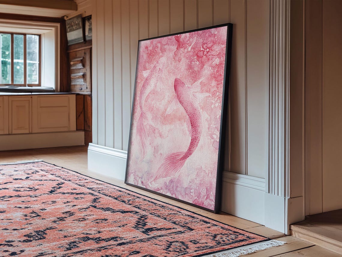 Two Pink Koi Fish Watercolor Zen Japanese Minimalist Art Print - Image 6