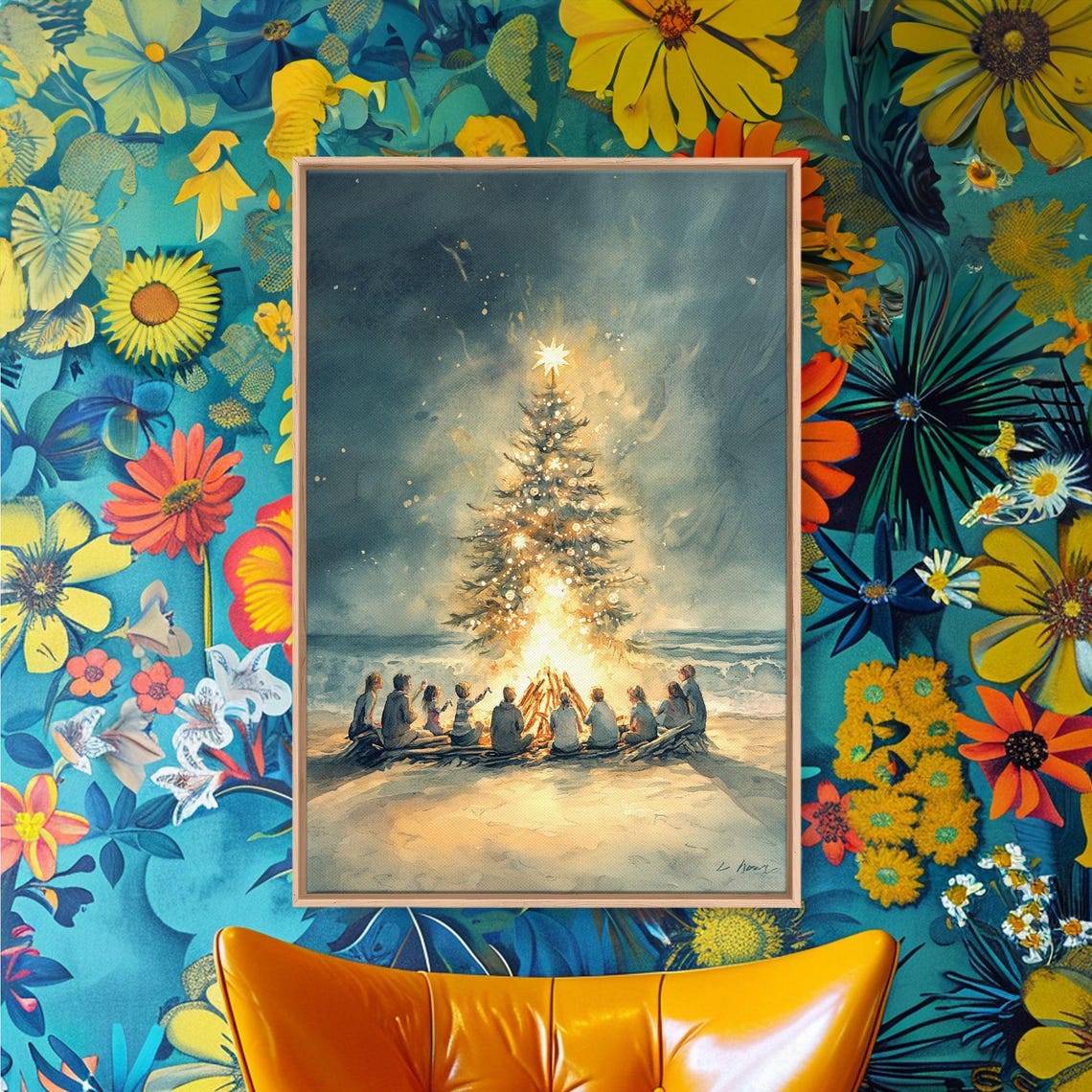 Christmas Beach Bonfire With Glowing Tree At Night Watercolor Poster - Image 4