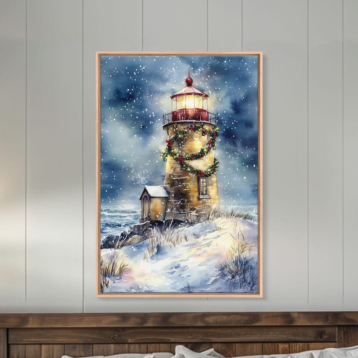 Snowy Lighthouse With Christmas Wreath Under Moonlit Sky Poster - Image 2