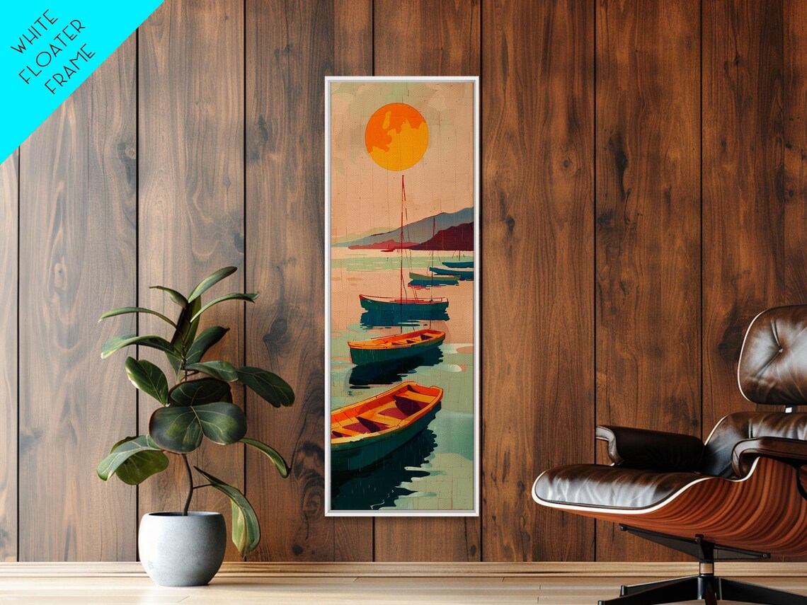 Rowboats And Golden Sun On Calm Water Skinny Art Wood Block Print Japanese Style Art Framed Print Tall Art Ukiyo E Art - Image 3