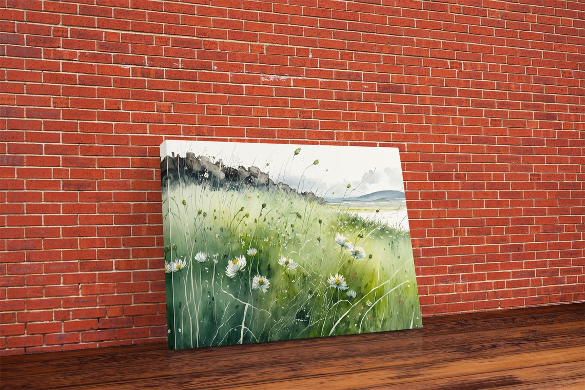 White Daisies Watercolor Hillside Green Meadow Coastal View Art Poster - Image 4
