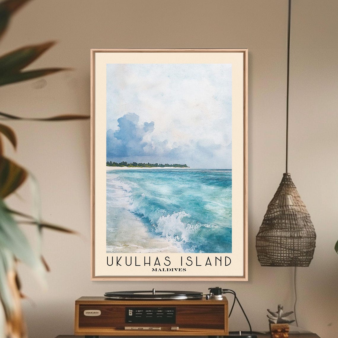 Ukulhas Island Maldives Turquoise Waves White Sand Watercolor Poster - Image 3