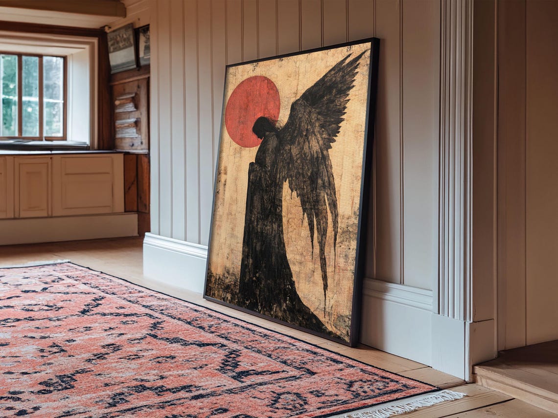 Dark Gothic Angel Silhouette Red Moon Moody Wings Vintage Art Poster - Image 3