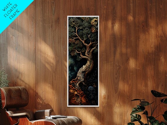 Intricate Tree Art Framed Print With Textured Roots Wabi Sabi Vertical Artwork For Rustic Or Cottagecore Interiors