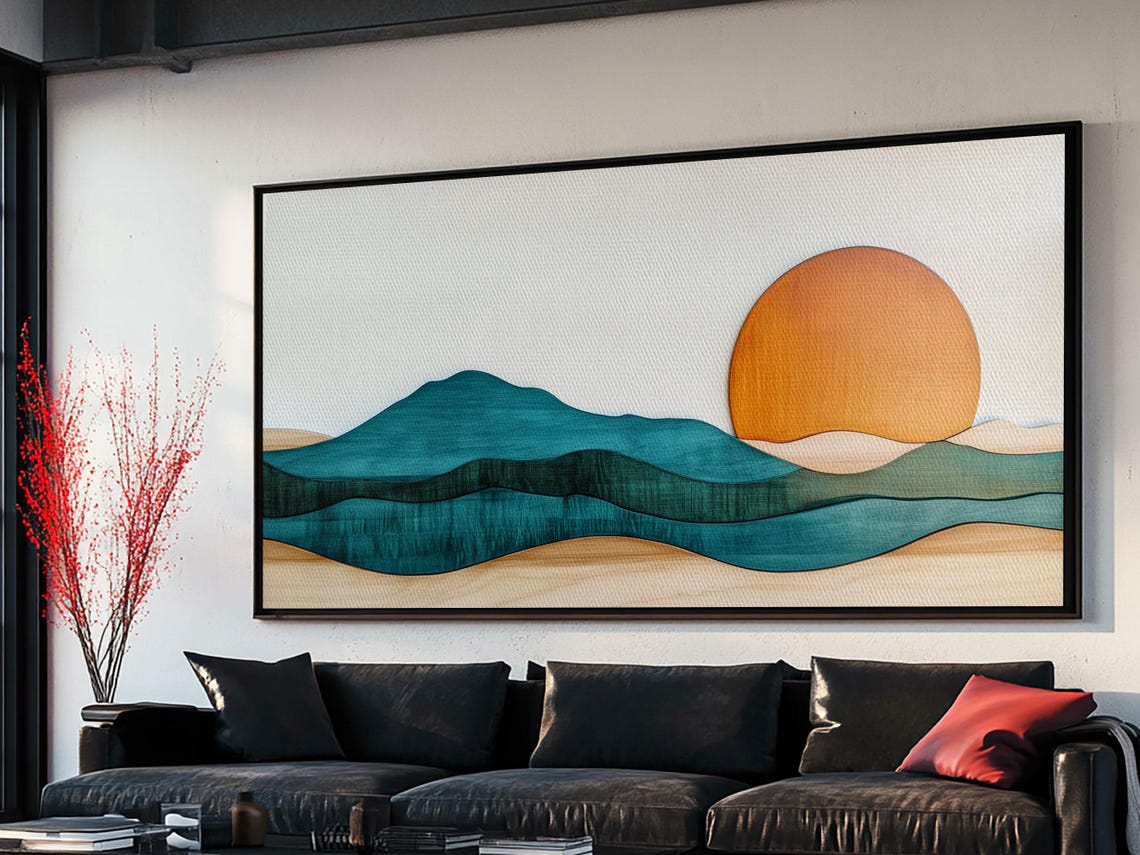 Minimalist Boho Sunset Mountain Waves Teal Orange Landscape Poster - Image 3
