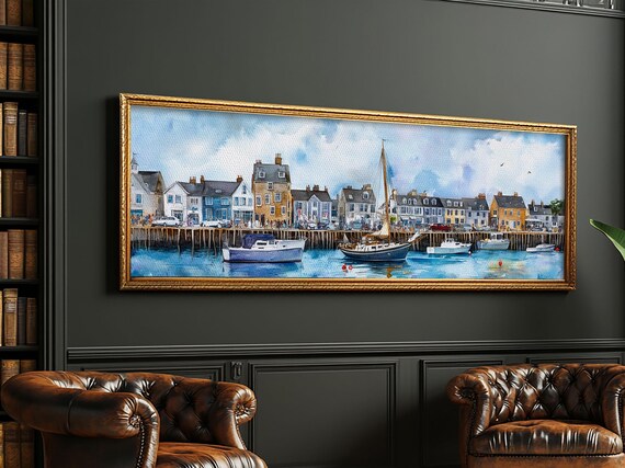 Nantucket Harbor Sailboats Waterfront Town Watercolor Painting Poster