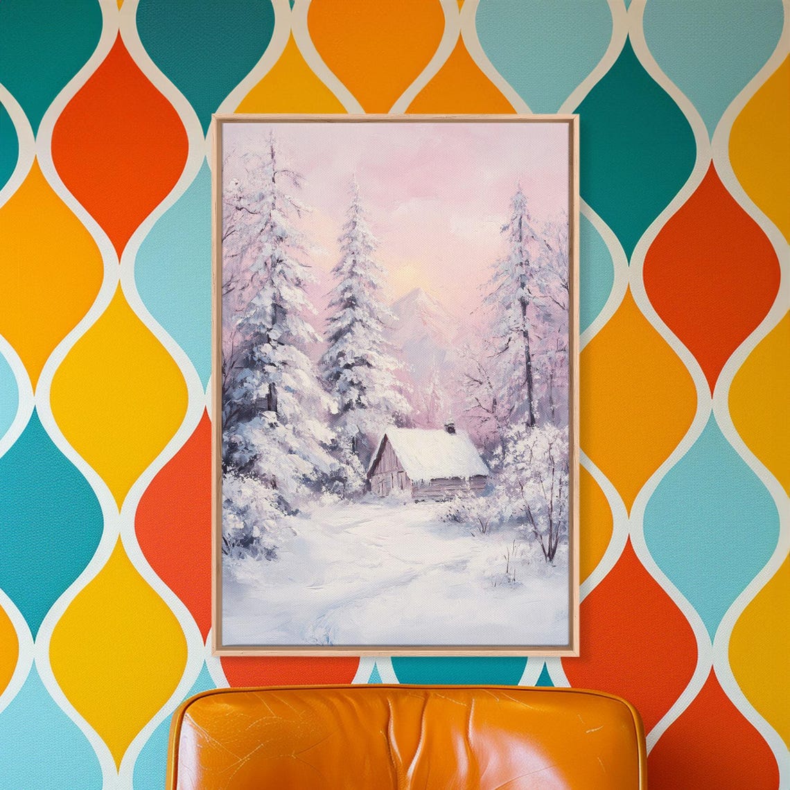 Pink Sunset Snowy Cabin In Winter Pine Forest Hideaway Poster - Image 5