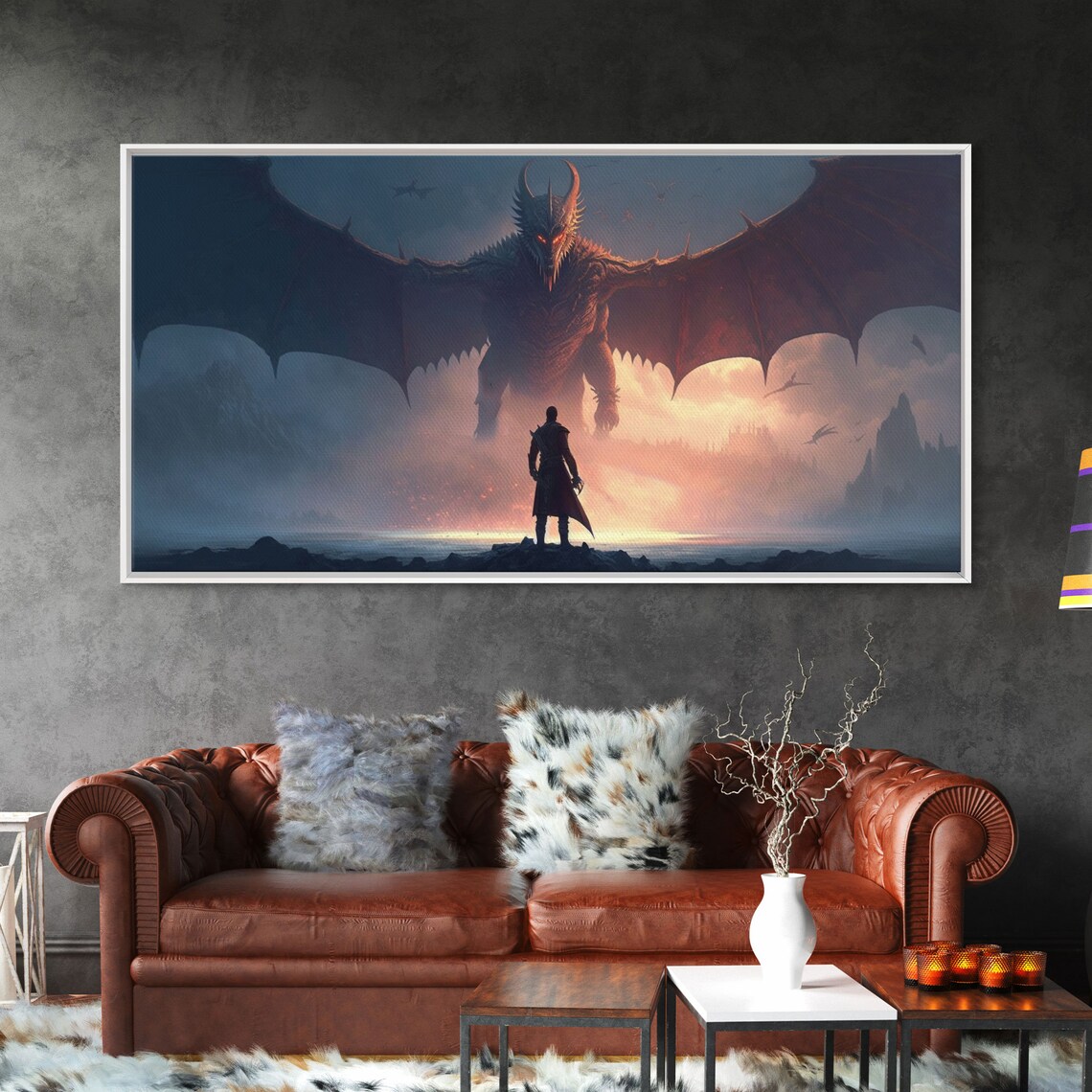 Warrior Facing Down a Dragon, Fantasy Art Print