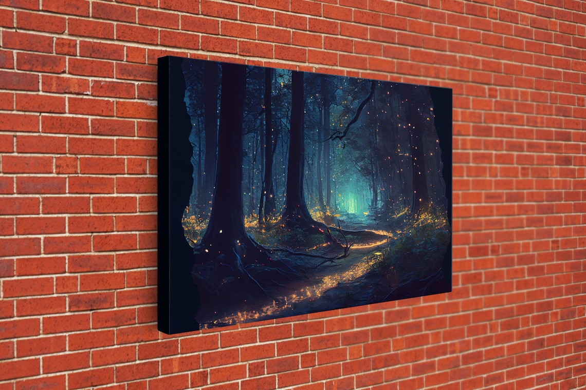 Fireflies in a Mystical Fantasy Forest at Night, Art Print - Image 3