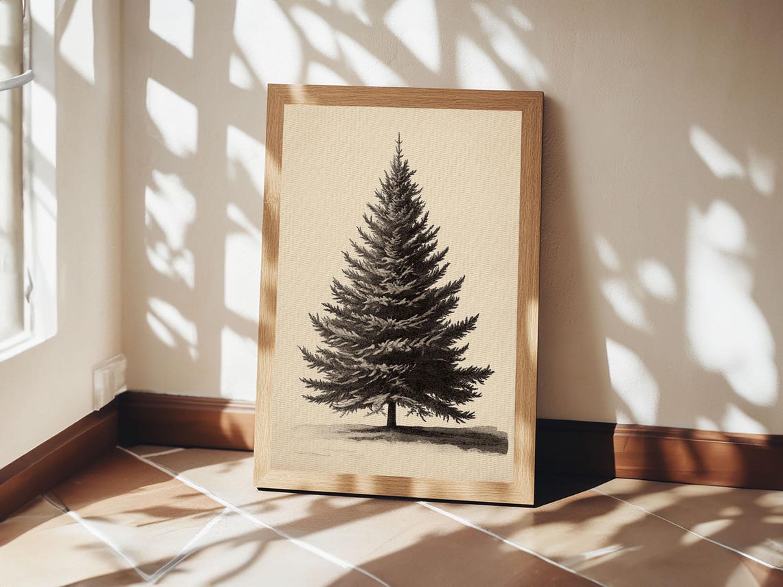 Pine Christmas Tree Pencil Sketch Minimalist Black White Wall Poster - Image 6