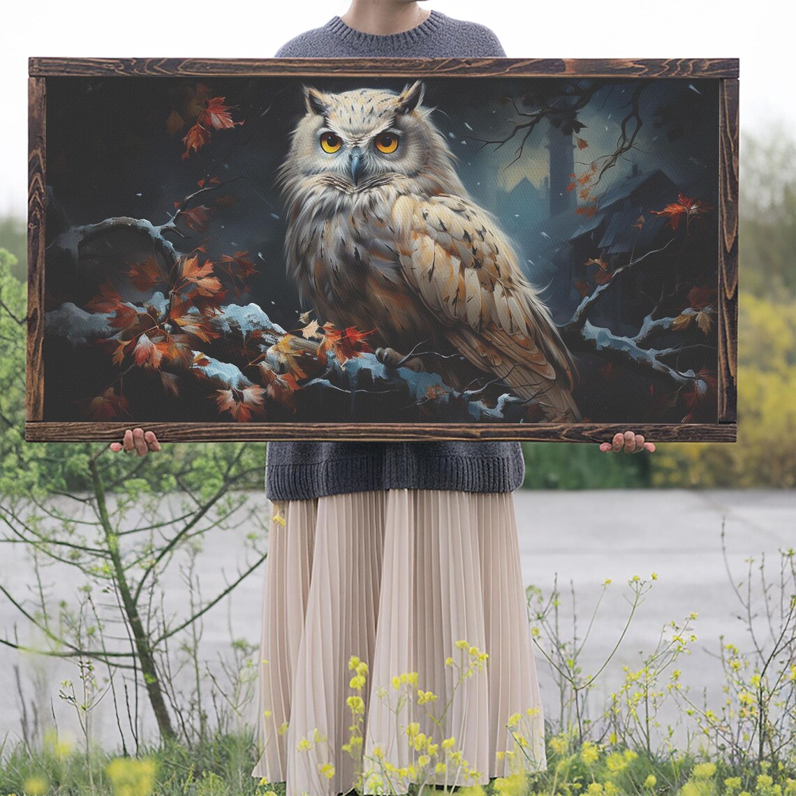 Snowy Winter Owl Portrait Autumn Leaves Falling Snow Wildlife Poster - Image 2