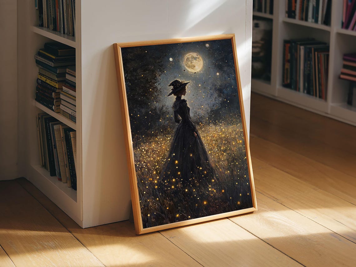 Witch Under Full Moon Firefly Field Dark Night Gothic Fantasy Wall Art - Image 2