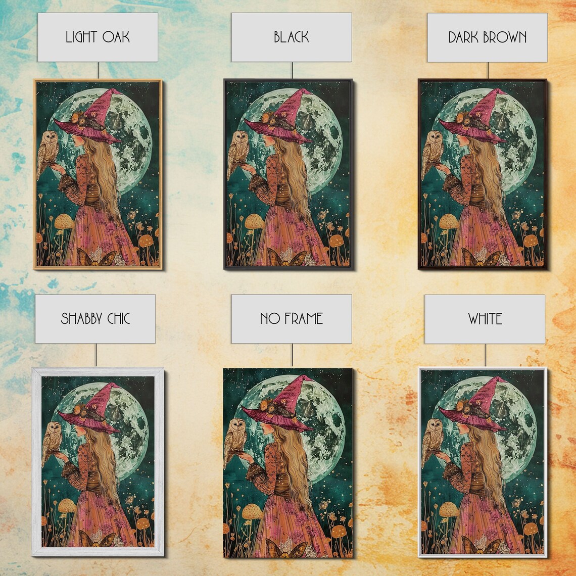 Witch Purple Hat Owl Giant Full Moon Watercolor Night Art Poster - Image 3