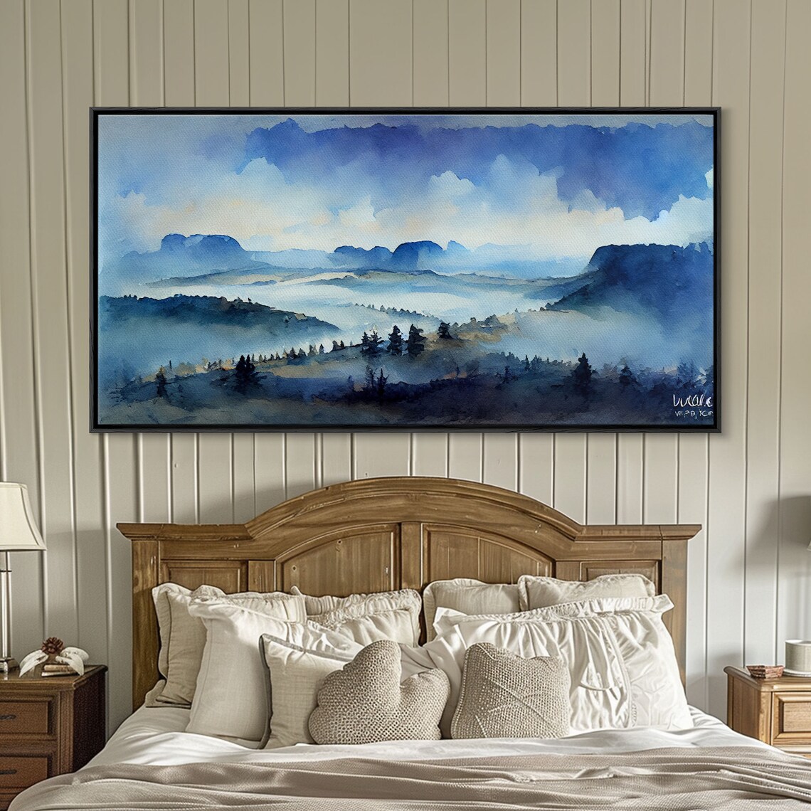 Watercolor Valley Trees and Mountains Art Print