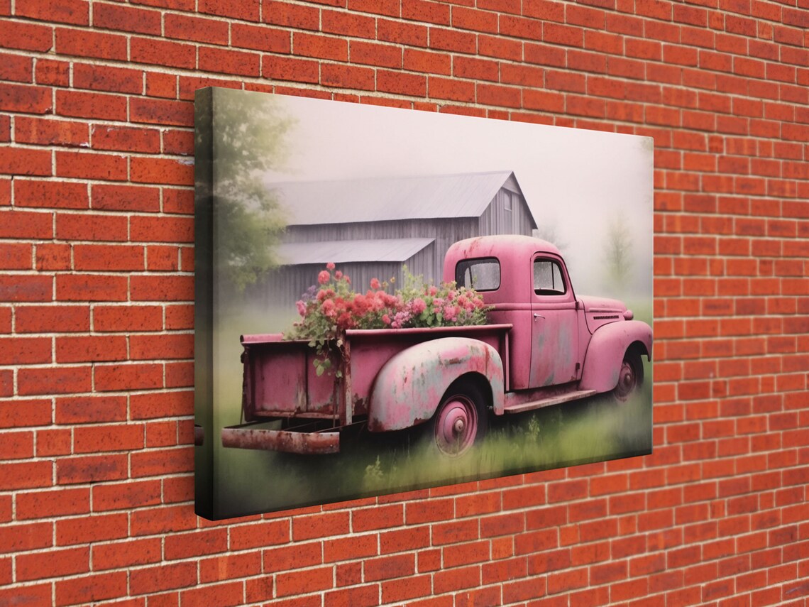 Old Truck With Flowers and Old Barn, Farmhouse Art Print - Image 2