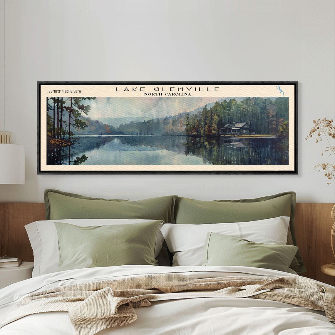 Lake Glenville North Carolina Framed Print Lake House Decor Panoramic Wall Art Travel Poster Scenic Lake Painting Nature Art - Image 3
