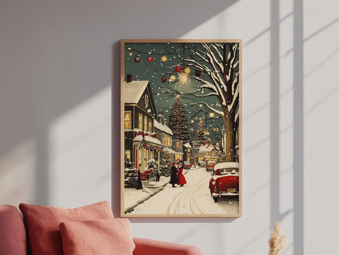Vintage Christmas Village Street Snowy Night Ornament Light Poster