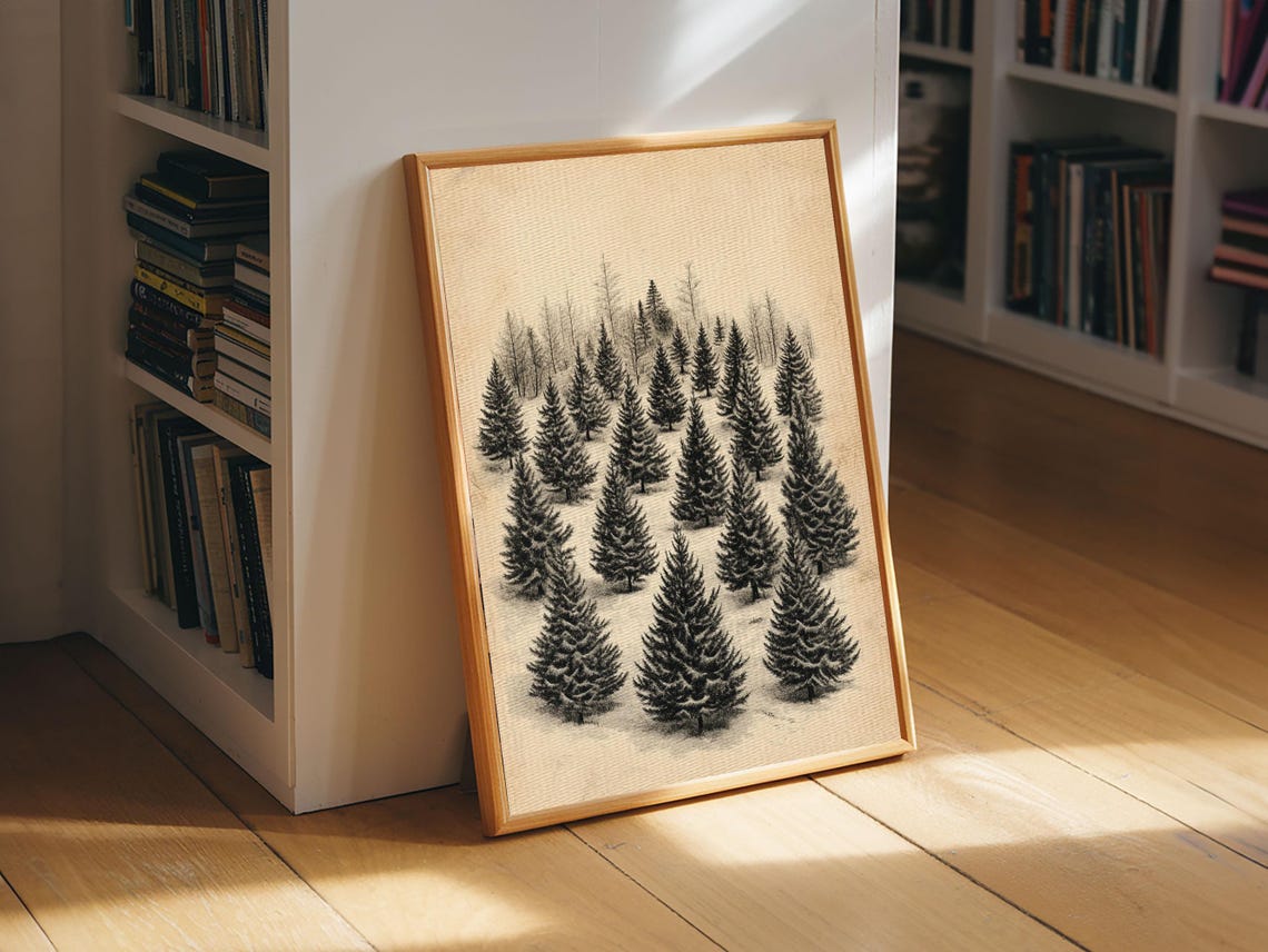 Christmas Tree Farm Sketch Pine Forest Minimalist Holiday Wall Poster