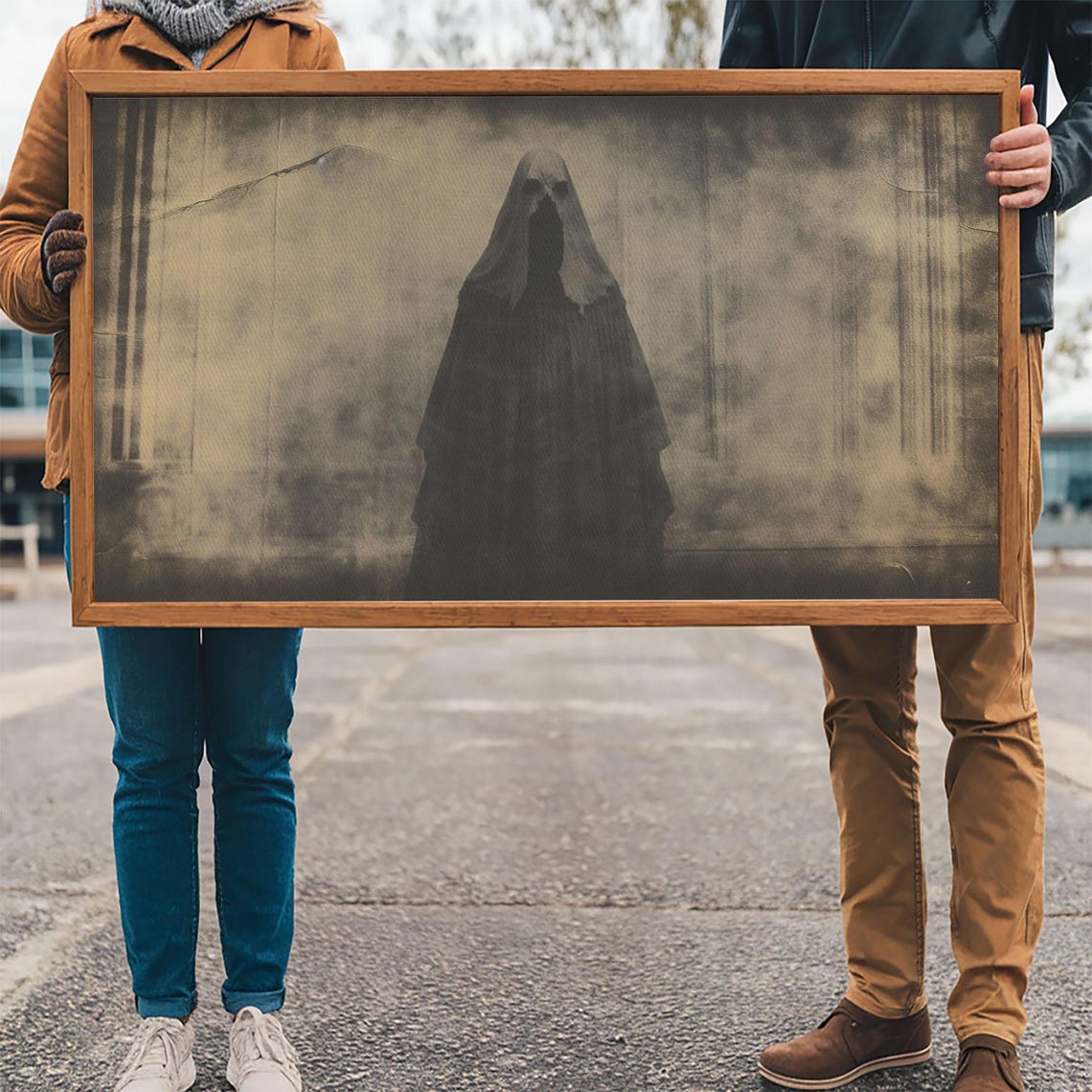 Haunted Apparition Ghost In Vintage Cracked Sepia Photo Wall Art - Image 3