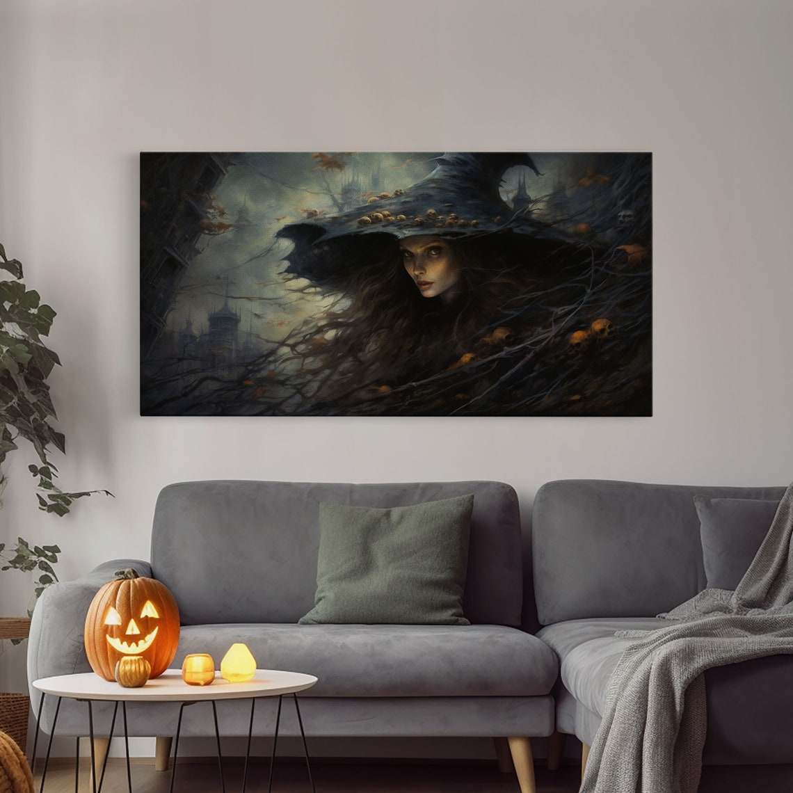 Dark Witch Portrait With Twisted Branches And Haunted Castle Print - Image 4