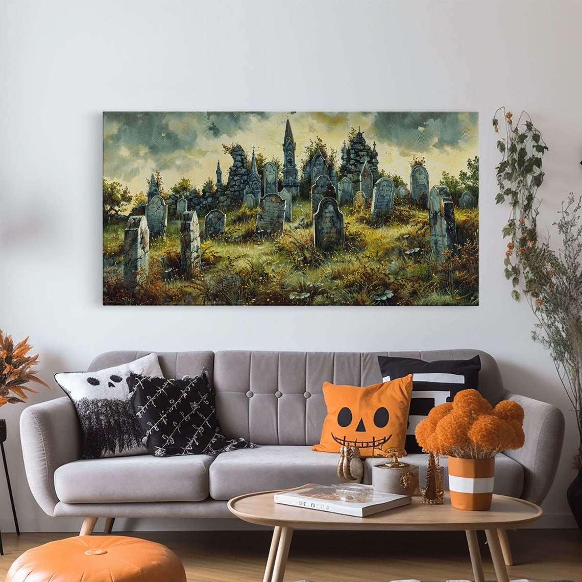 Haunted Cemetery Overcast Old Tombstones Ruined Chapel Spooky Wall Art - Image 6