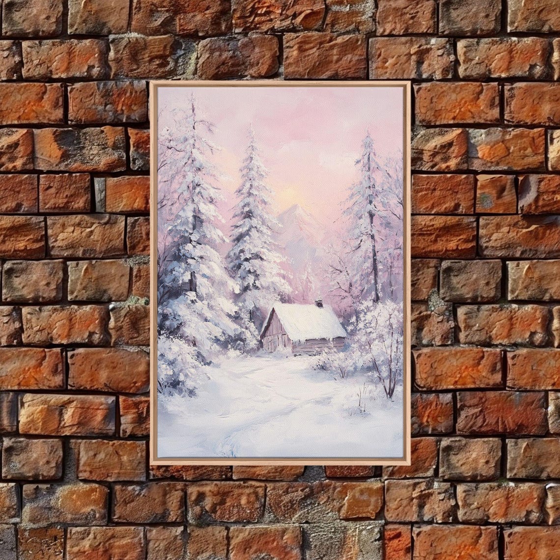 Pink Sunset Snowy Cabin In Winter Pine Forest Hideaway Poster - Image 3