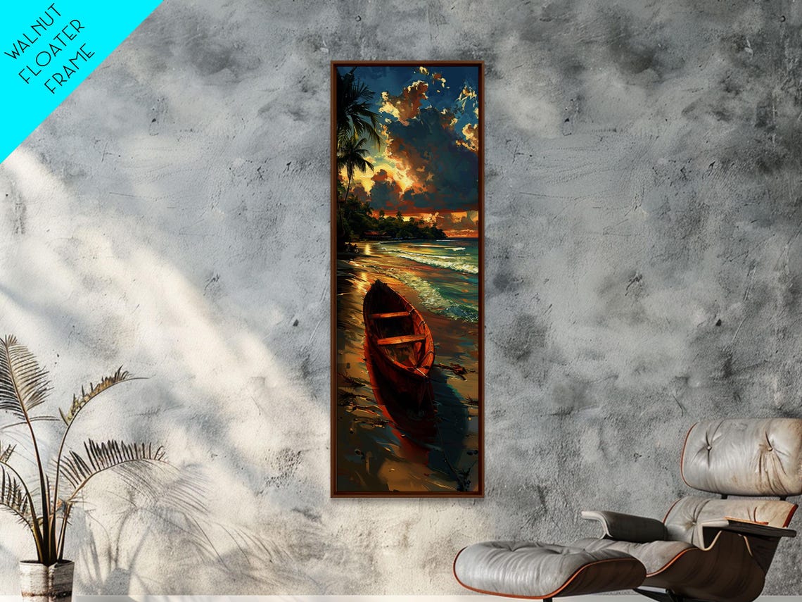 Red Boat Tropical Shoreline Sunset Palms Dramatic Clouds Art Poster