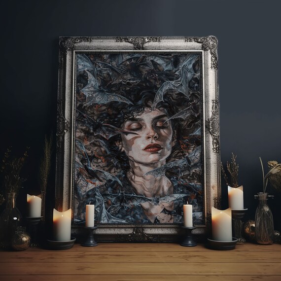 Dark Gothic Woman Surrounded By Bats Spooky Halloween Wall Art
