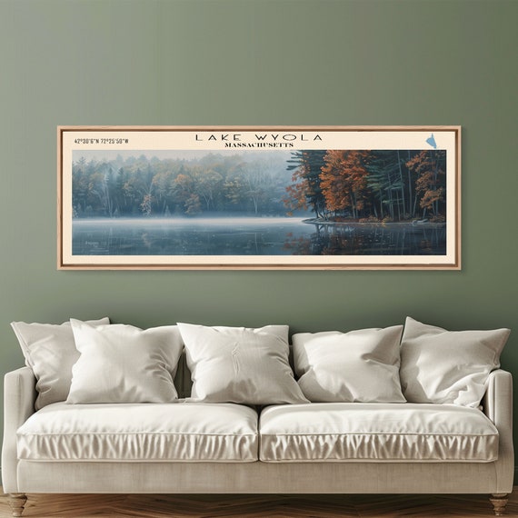 Lake Wyola Massachusetts Framed Print Lake House Decor Panoramic Wall Art Travel Poster Landscape Painting Cottage Art