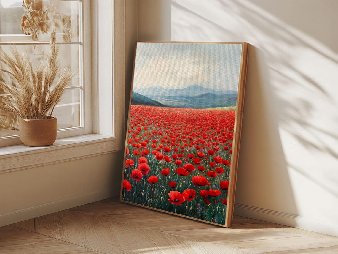 Red Poppy Field Blue Mountains Vast Bloom Rustic Landscape Art Poster - Image 5