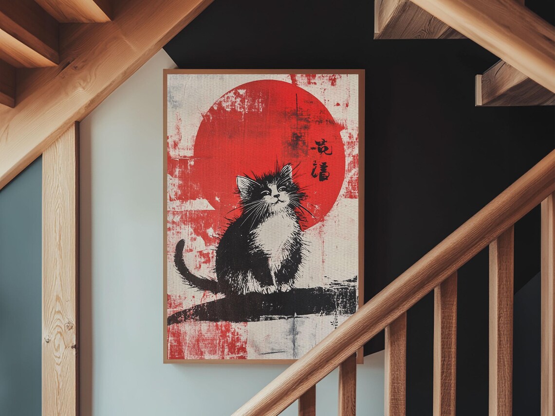 Black Cat Red Sun Japanese Ink Painting Tuxedo Kitten Wabi Sabi Art Poster - Image 3