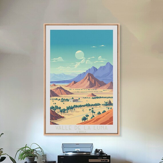 Valle de la Luna Chile Desert Moon Valley Red Rocks Blue Peaks Travel Poster