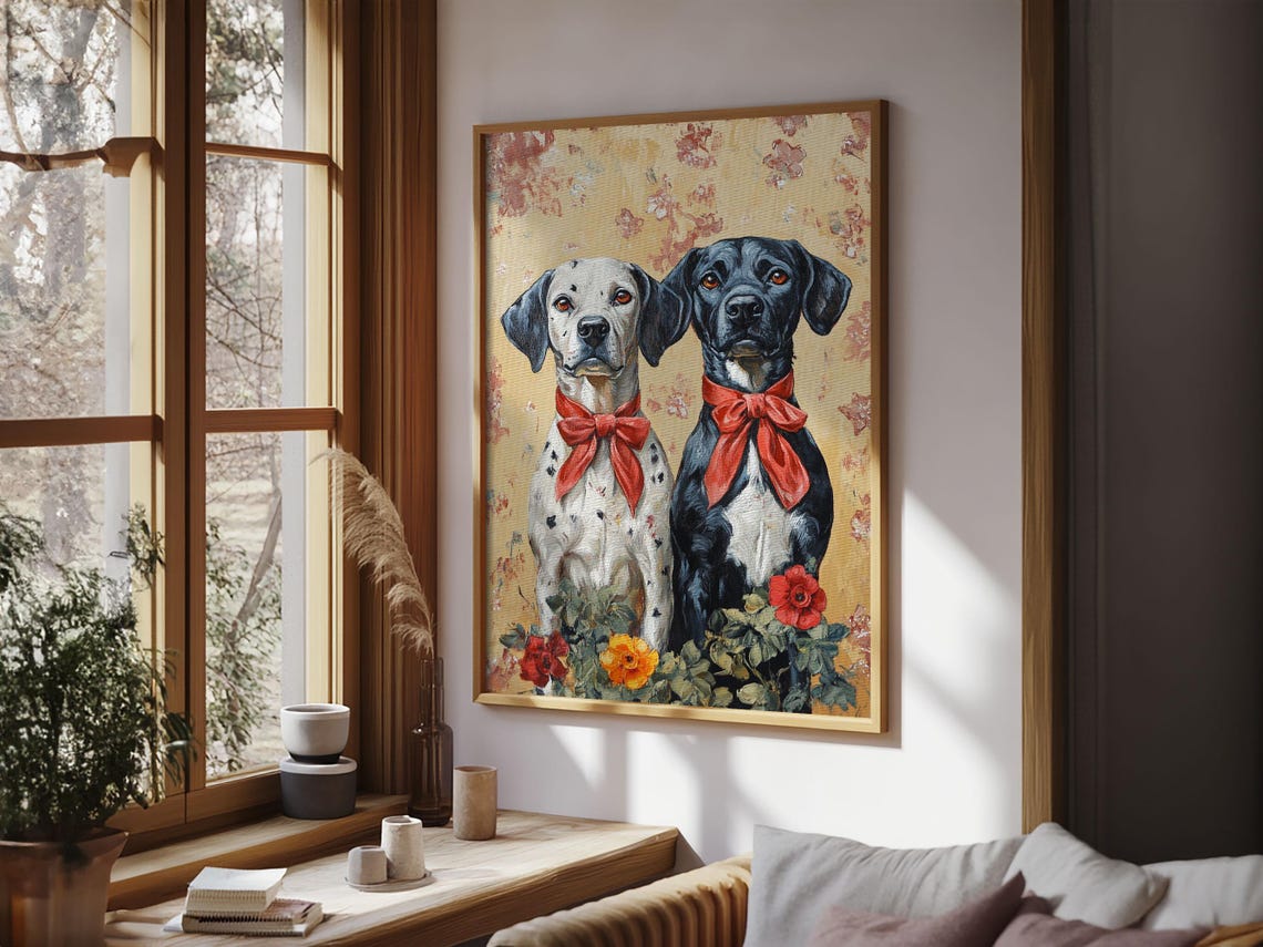 Two Dogs With Red Bows Floral Background Vintage Pet Portrait Poster - Image 4