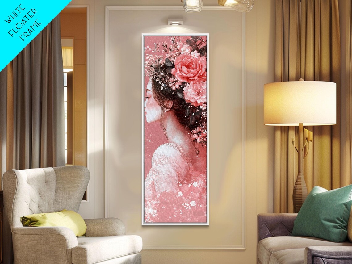 Floral Woman Portrait Pink Roses Watercolor Painting Vertical Wall Art - Image 4