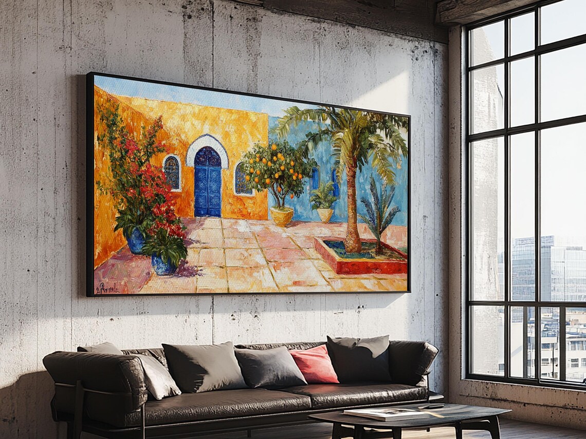 Colorful Mexican Courtyard Painting Blue Door Orange Blossoms Wall Art Print