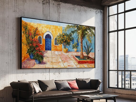 Colorful Mexican Courtyard Painting Blue Door Orange Blossoms Wall Art Print