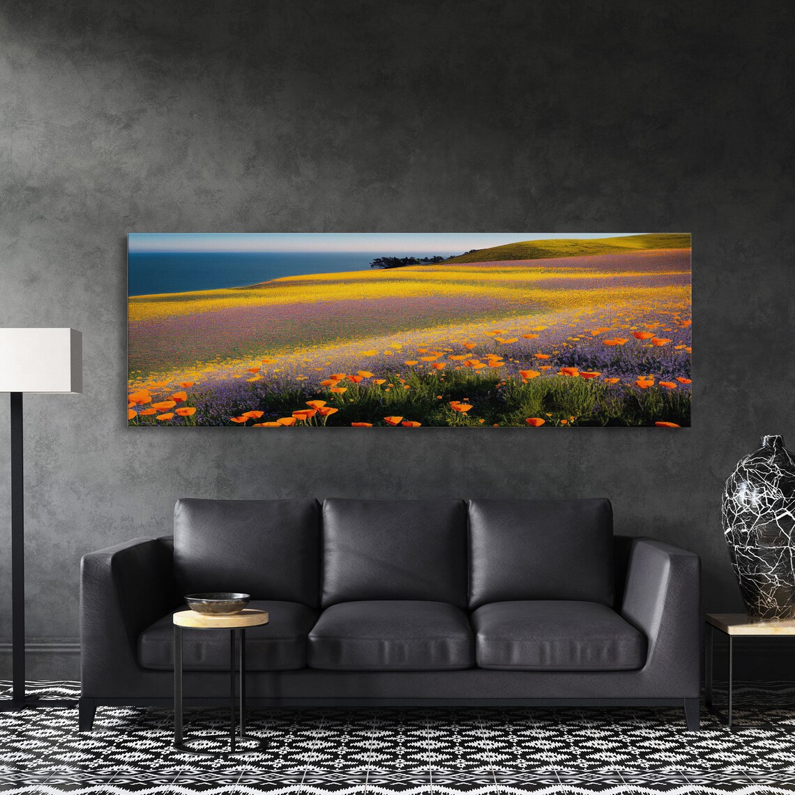 Orange Poppy And Lupine Field By The Ocean Coastline Panoramic Print - Image 4