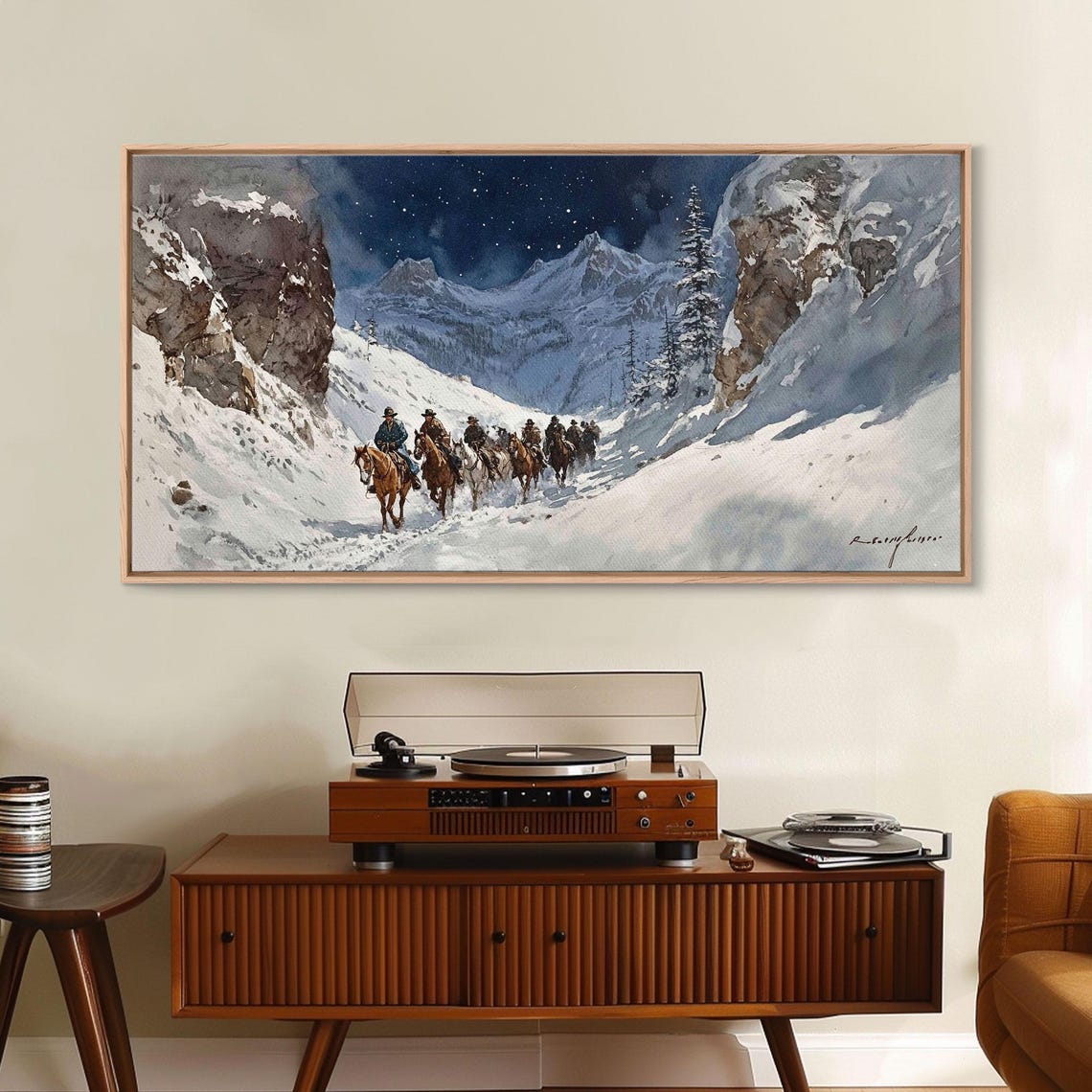 Cowboys Riding Snowy Mountain Pass Under Starry Night Art Print - Image 5