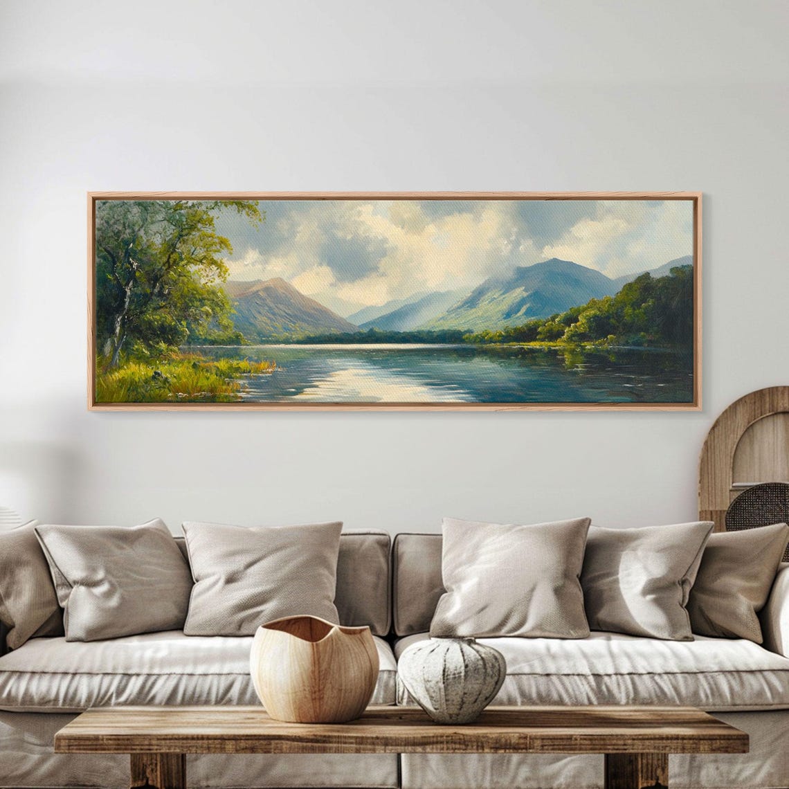 Serene Green Valley Lake Mountains Soft Light Watercolor Poster