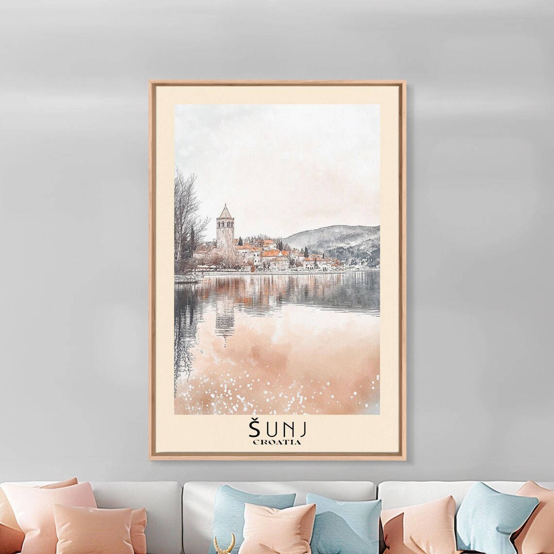 Sunj Croatia Old Town Church Tower Lake Reflection Watercolor Poster - Image 2